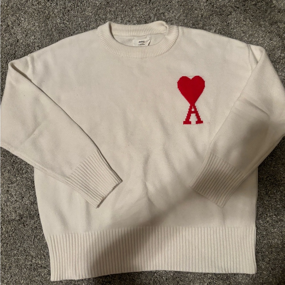 Ami White Crewneck Sweater with Red Heart Logo